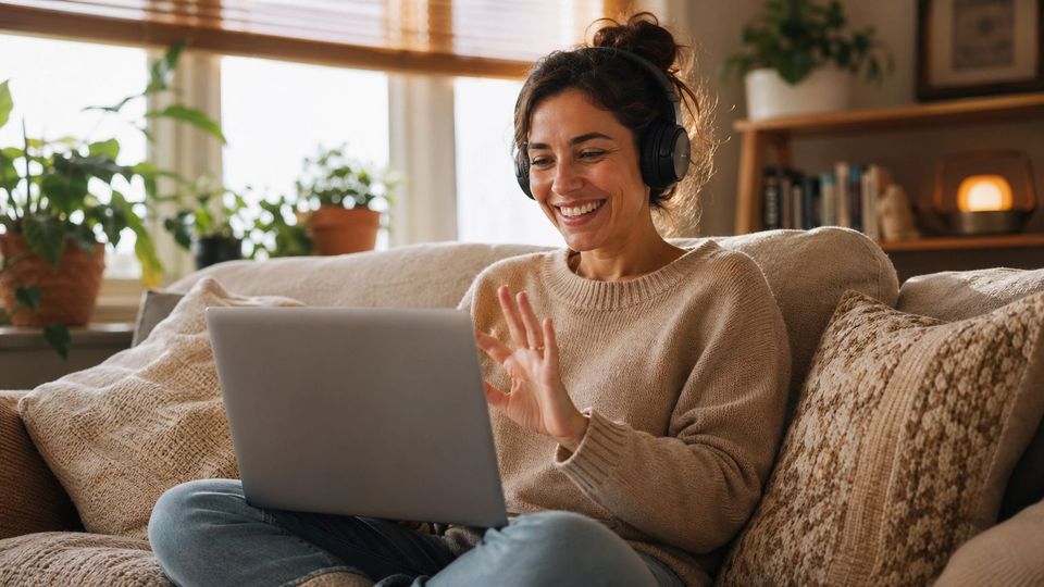 Mulher sorrindo e acenando para o notebook durante uma videochamada, sentada em um sofá aconchegante