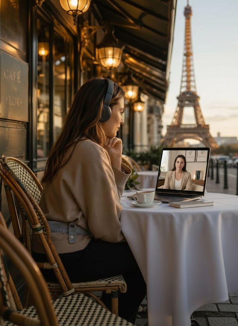 Mulher em uma videochamada de um café, com a Torre Eiffel ao fundo